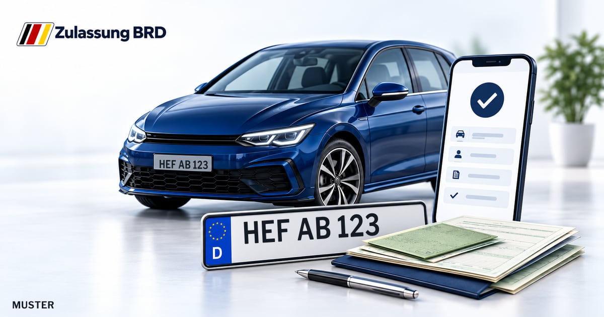 Online Fahrzeugzulassung in Niederaula: Musterkennzeichen HEF AB 123, Auto und Fahrzeugpapiere und Smartphone. Illustration mit Logo von Zulassung BRD.